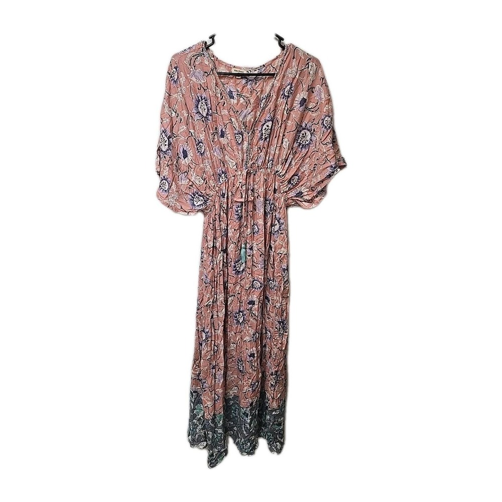 World Market Pink Floral Boho Maxi Dress L/XL Viscose Tassel Kaftanโ Festival